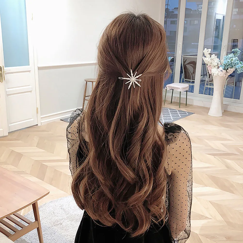 1Set Durable Elegant Snowflake Hairpins Pearl Rhinestone Golden Silver Festivals Concerts Costumes Decor