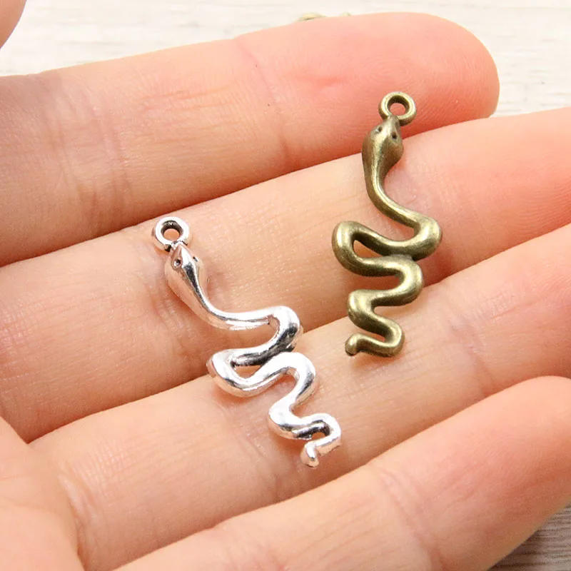 40PCS 10*28mm Metal Alloy Two Color Small Snake Charms Animal Pendants For Jewelry Making DIY Handmade Craft