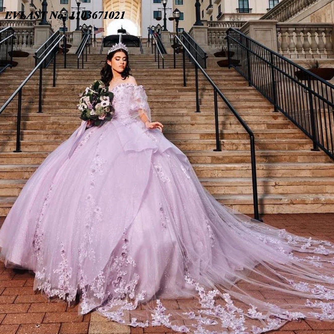 EVLAST-Quinceanera Lace vestido de bola, Beading Applique, Lavanda Sparkly, Espartilho De Cristal, Sweet 16, SQ372