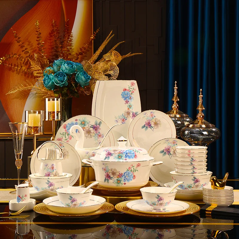 60 pieces European bone china hand-painted drawing dishes, ceramic tableware set