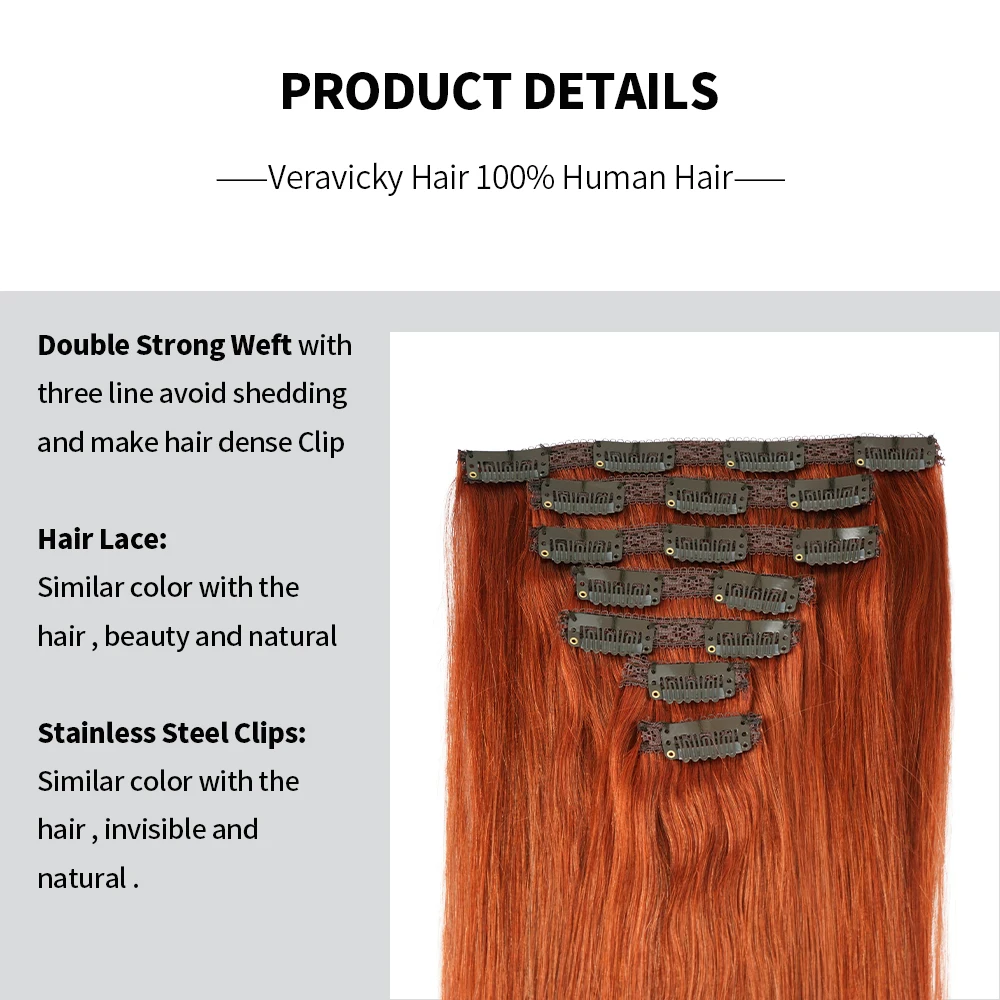 Veravicky #350 Copper Red Double Weft Brazilian 100% Real Human Hair Clips On Hairpieces Full Head Clip Hair for Thin Hair