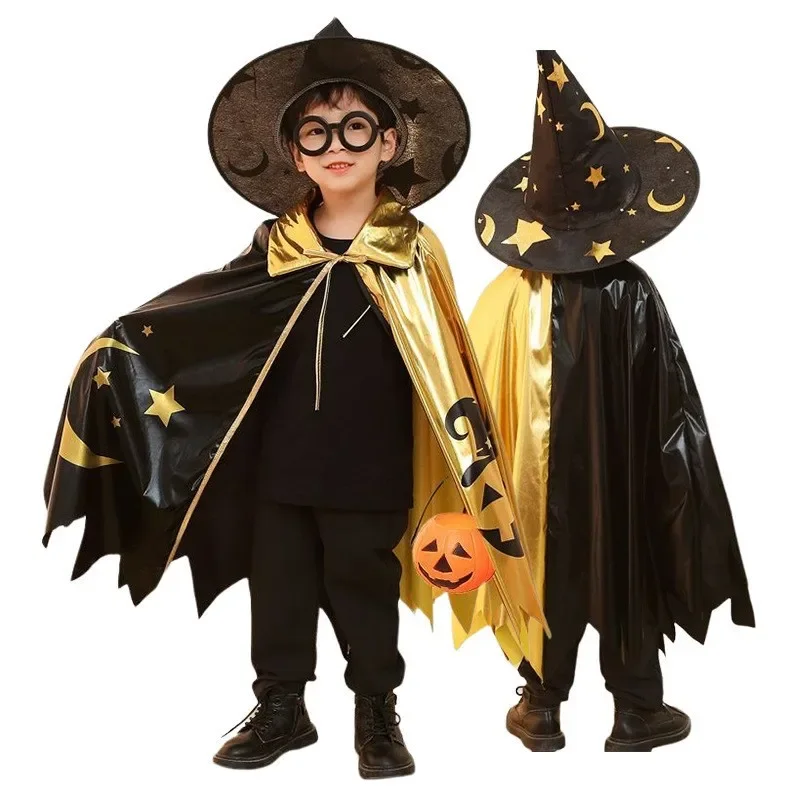 Halloween Party Wizard Cloak Hat Children's Dress up Cloak Black Gold Splicing Cute Cosplay Children's Wear Moon Star Pattern