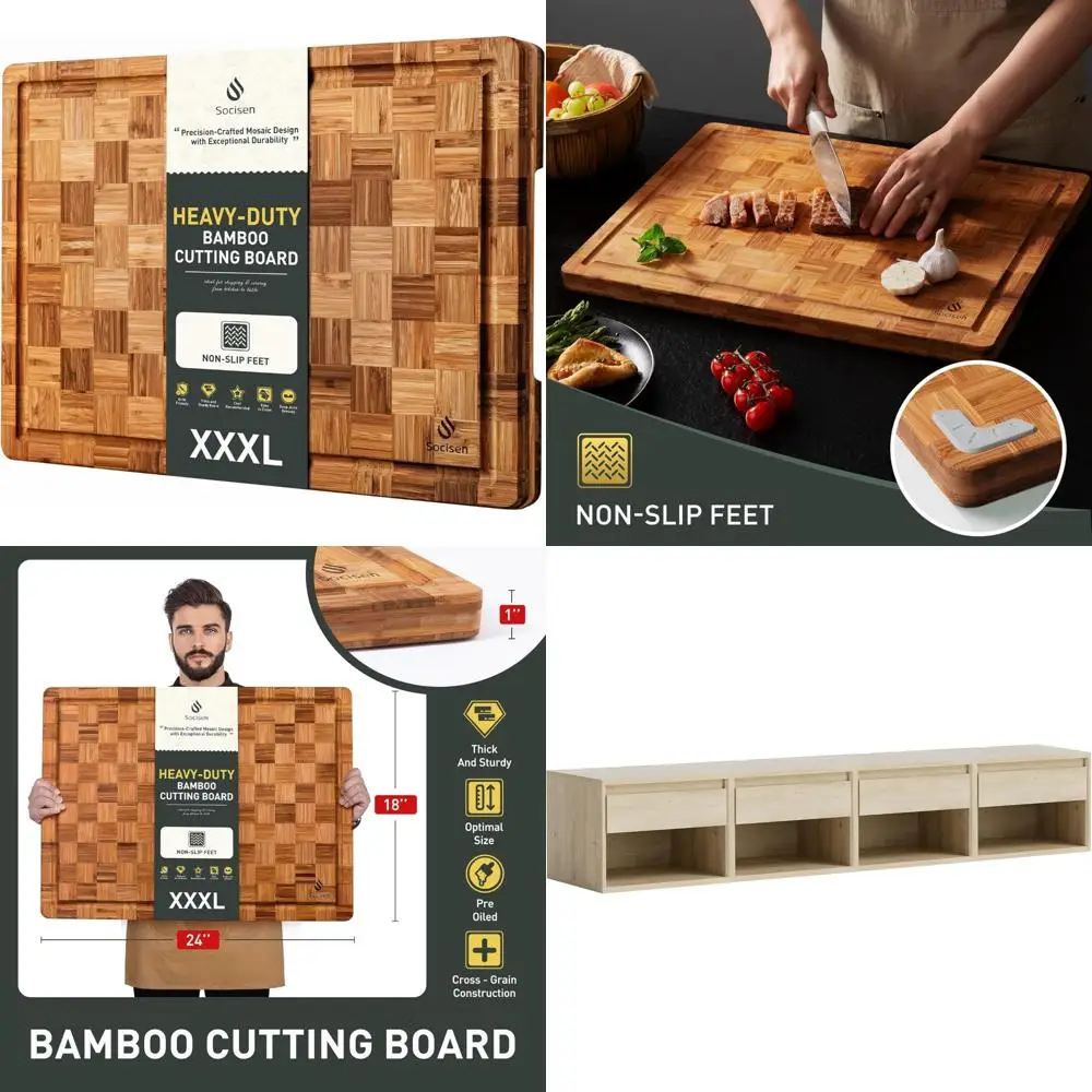 

Thick Solid Wood Chopping Board with Anti-Slip Base - Over Sink Bamboo Cutting Board for Juice Grooming and More