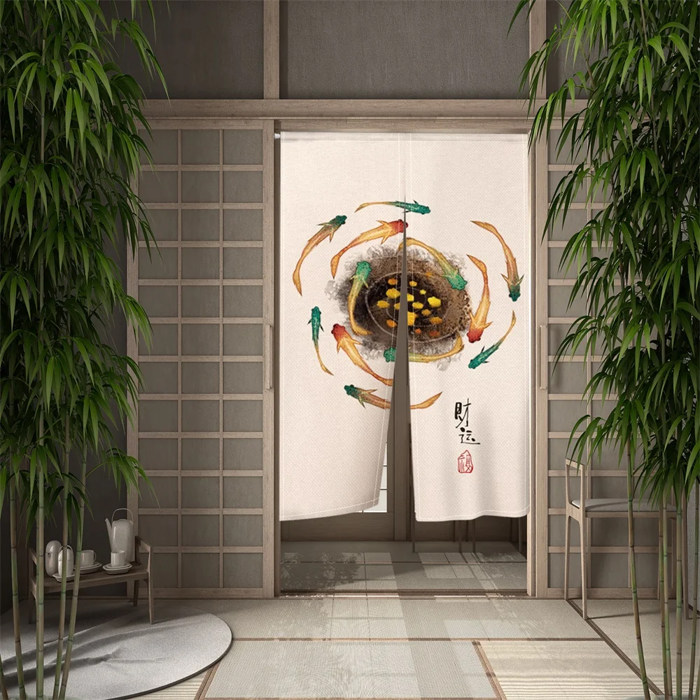 Goldfish Pool Door Curtain Carps Lotus Ink Painting Curtains Bedroom Living Room Kitchen Half-Curtain Japanese Noren Curtains