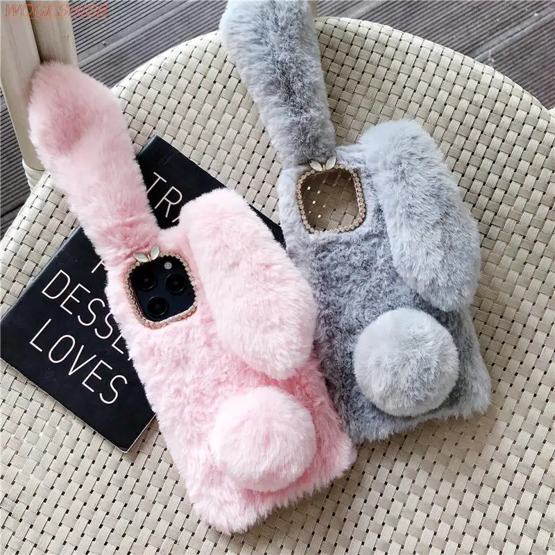 Soft Plush Case For iPhone 11 12 13 14 Pro Max Mini 6 7 8 Plus 5 5s 6s SE SE2 SE3 X Xs Warm Winter Furry Rabbit Bunny Fur Cover