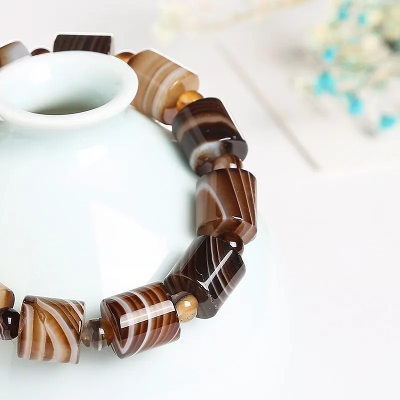 JD Genuine 12mm Natural Coffee Lace Agate Bracelets Men Handmade Tibetan Buddha Hand String Barrel Rosary Prayer Beads Bangles