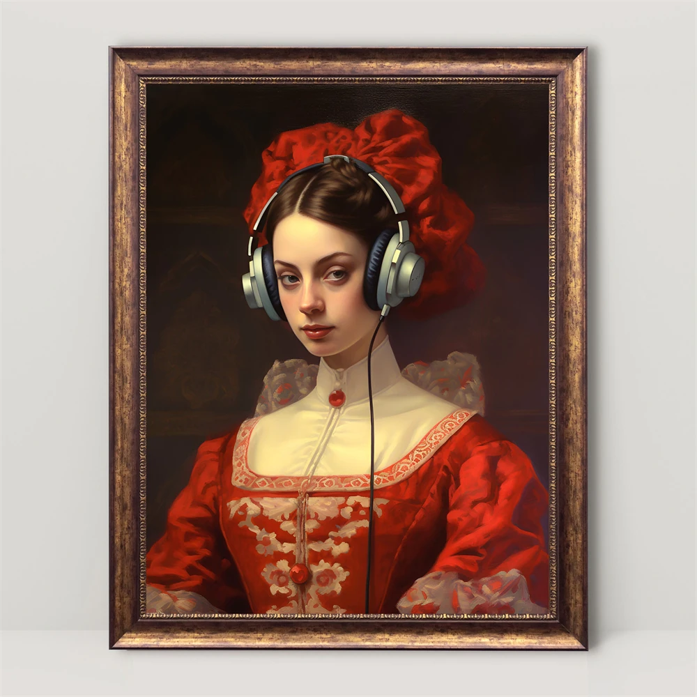 Dark Floral Renaissance Woman Print Head In Clouds Surreal Portrait Poster Bohemian Girl Wearing Earphones Prints Bedroom Decor