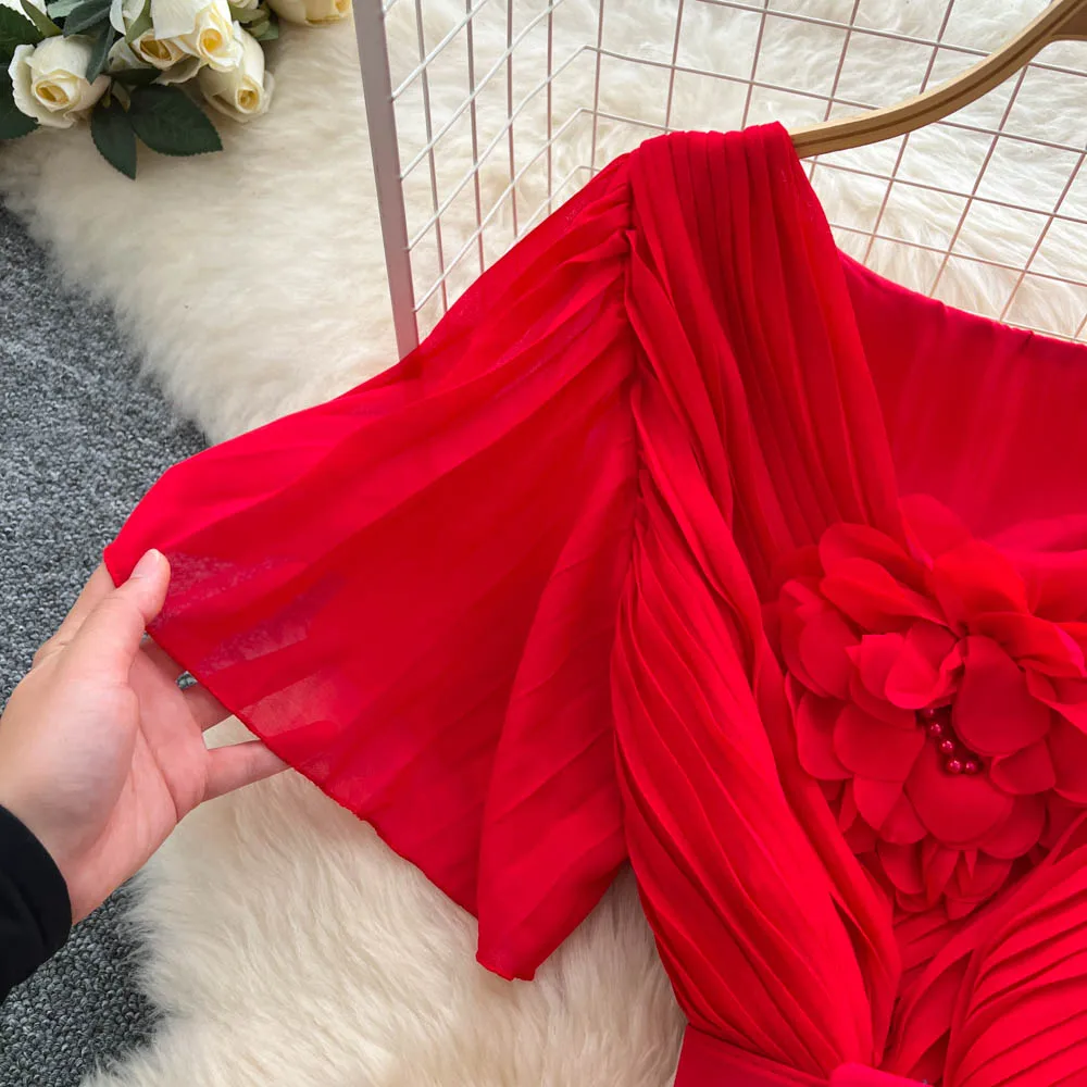 Elegancka, seksowna sukienka letnia damska w stylu boho z dekoltem w serek, szyfonowa, marszczona, w kształcie litery A, luźna, odzież damska.