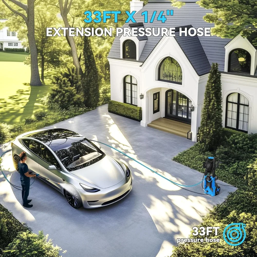 5000 PSI 조절 가능한 압력, 33피트 압력 호스, 4개의 노즐 및 500ml 폼 캐논이 포함된 파워 워셔, 청소