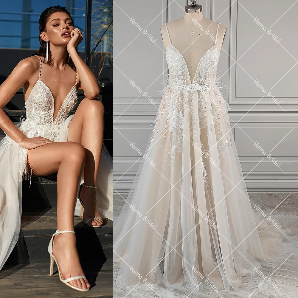 Vestido de novia exquisito de lujo con tirantes finos, cuentas de perlas, plumas de encaje, abertura alta, espalda abierta, corte bajo profundo, malla, vestidos de novia