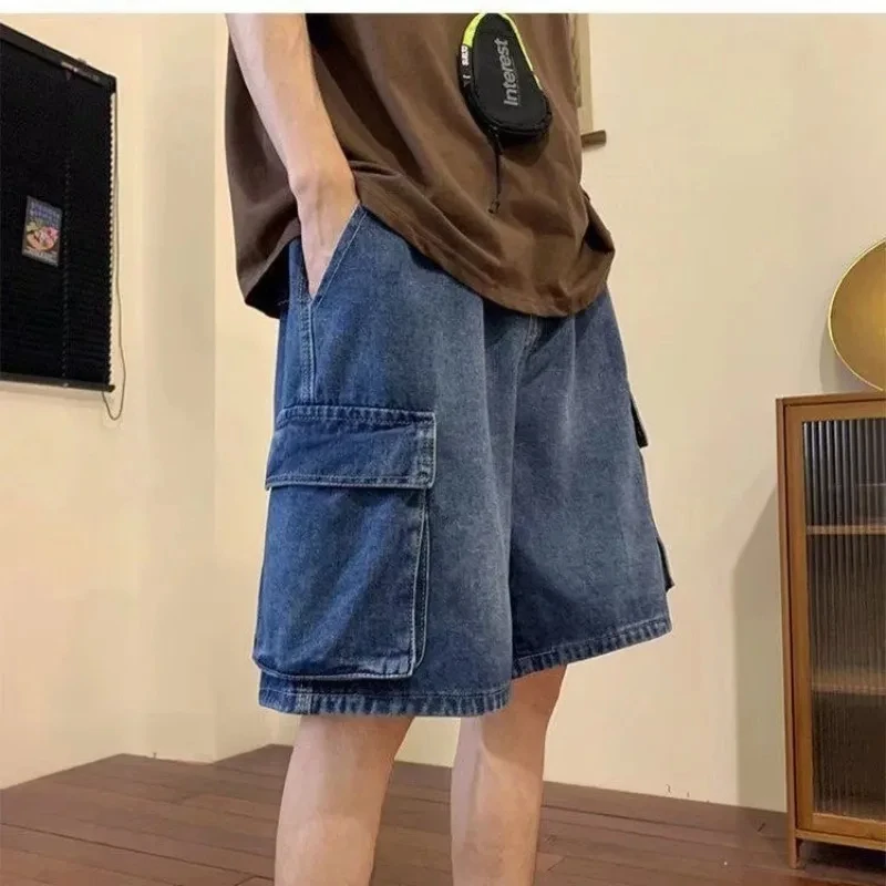 Moda Casual Retro Blue Cargo Port Style Loose Big Pocket Denim Shorts Men Summer Thin Fashion Washed Five Point Casual Pants