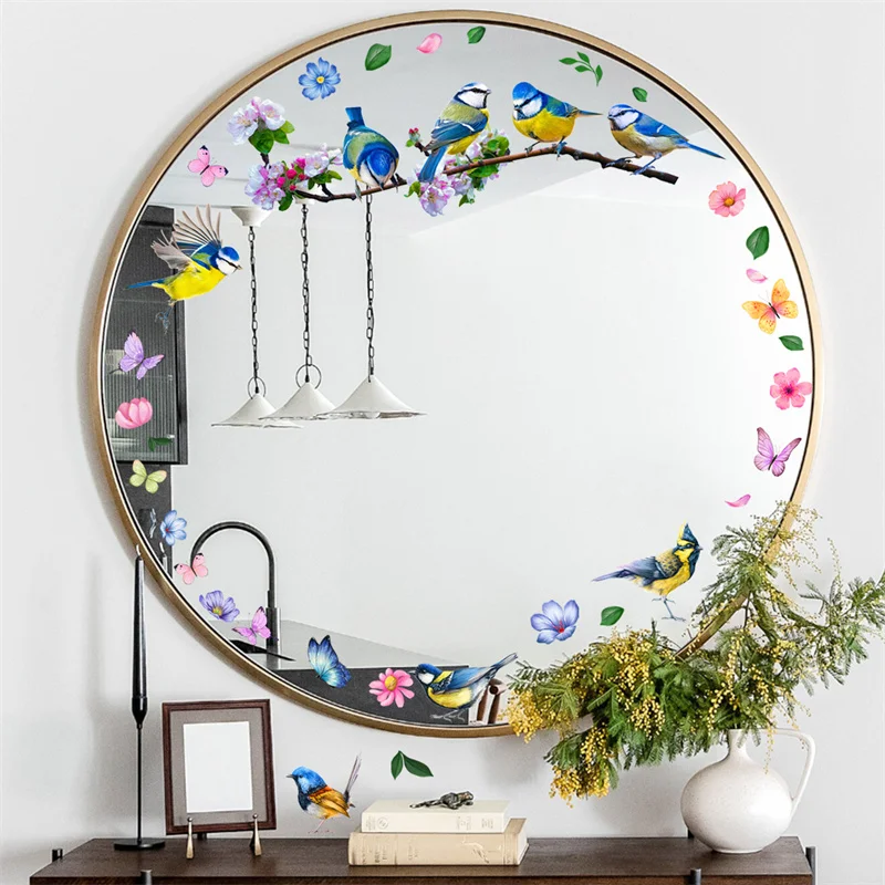 Autocollants de fenêtre d\'oiseaux en vinyle, fleurs de printemps, décalcomanies murales en verre pour la maison, salle de bain, décoration de