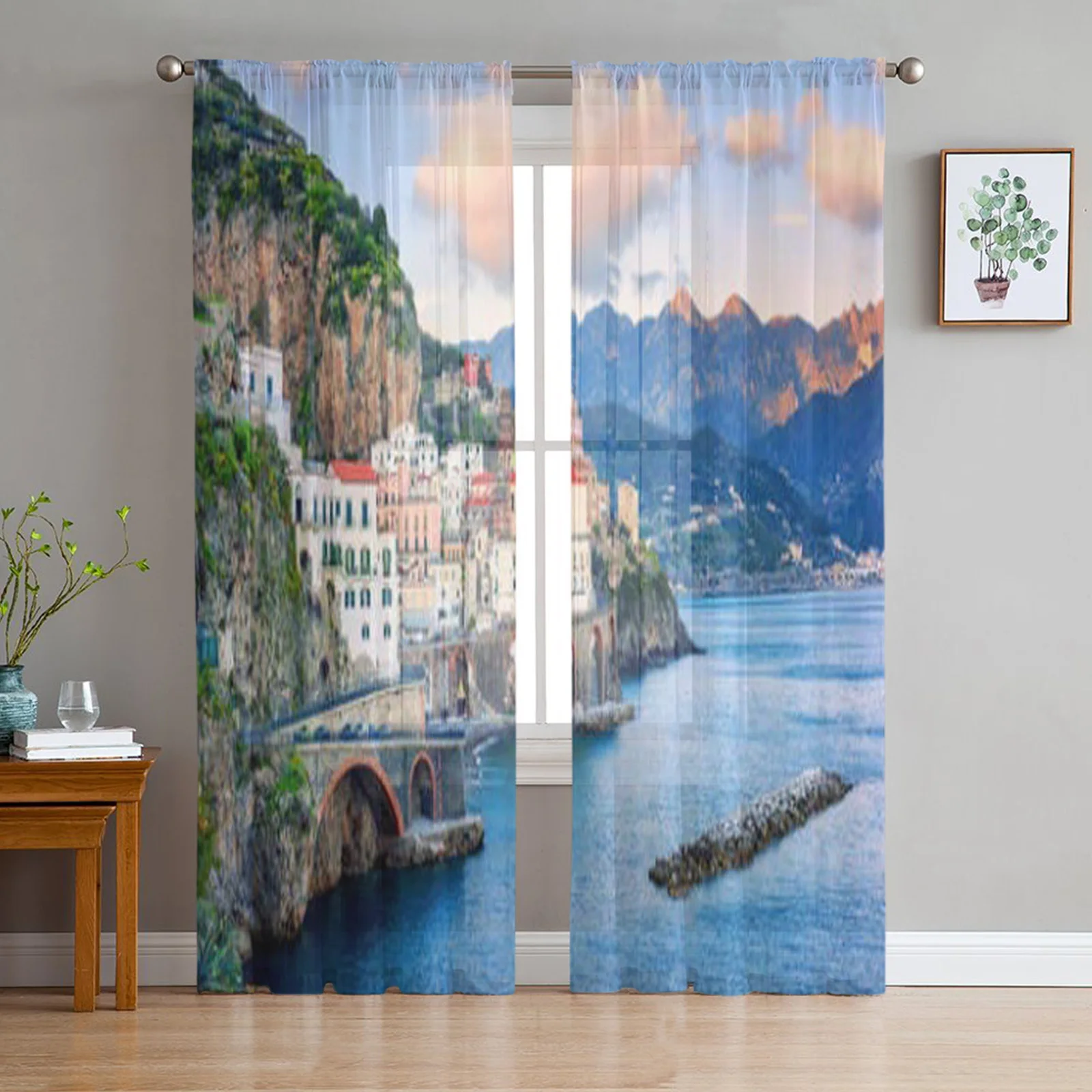 Seaside Fishing Village Sheer Curtains For Bedroom Exquisite Voile Curtain Living Room Kitchen Chiffon Fabric Curtains