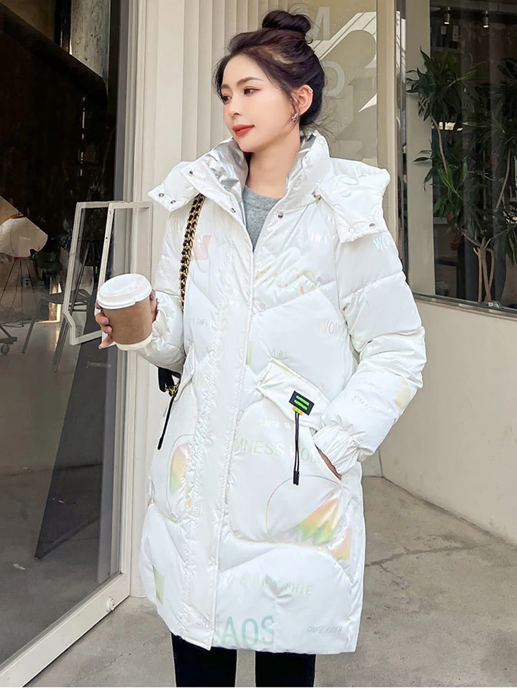 KBAT Black Letter Print Glossy Parka Coat Women\'s Thicken Winter Hooded Loose Jacket Female Windproof Rainproof Warm Outwear