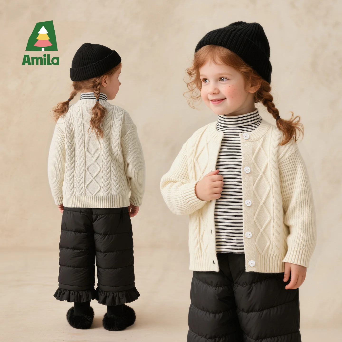 Amila 2026Kids Girls Winter Basic Round Neck Knitted Shirt With Pink And Beige Button Design, Soft And Comfortable For Daily Use