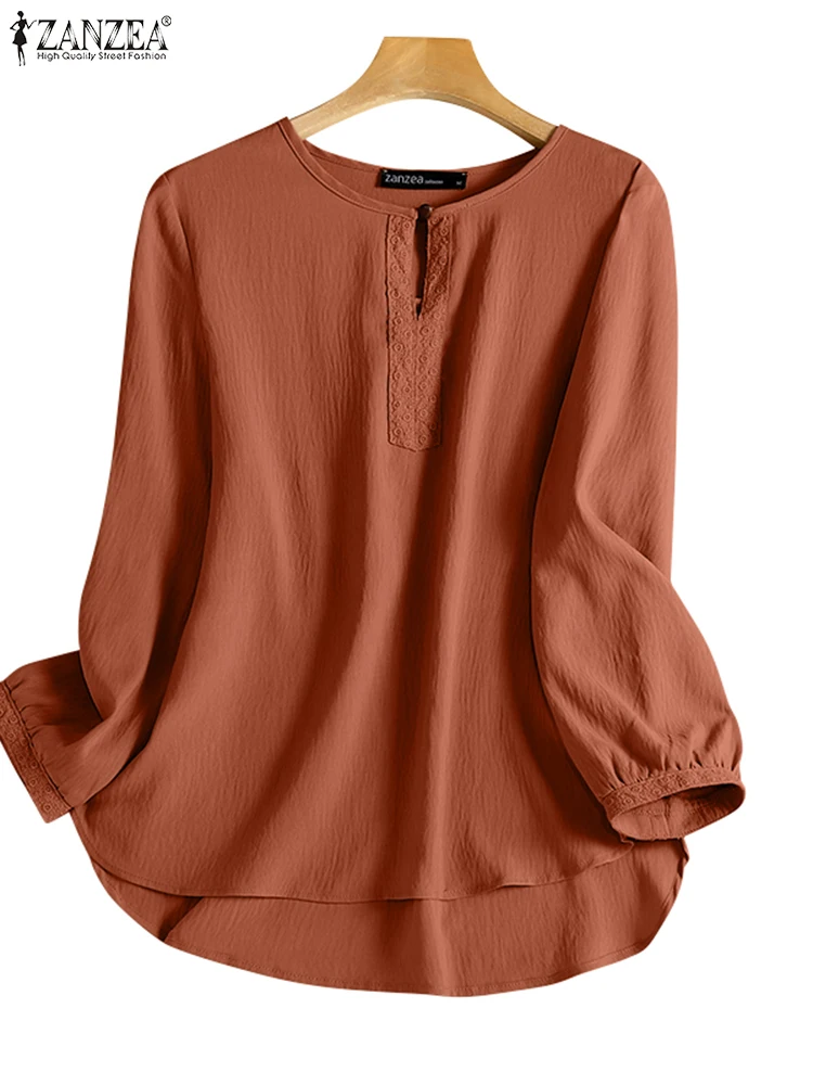 Mode Vrouwen Lange Mouw Effen Blouse Herfst Werk Shirt 2024 ZANZEA Casual Patchwork Tops Tuniek Femme O Hals Baggy Blusas Mujer