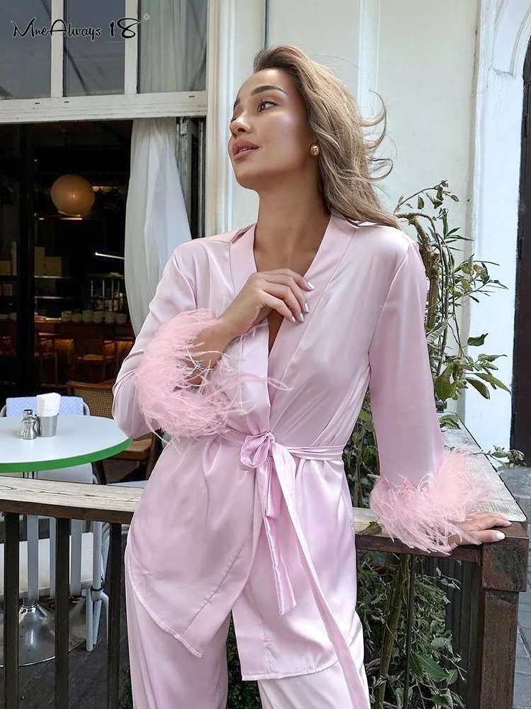 Mnealways18 Pink Feather Cuffs Pants Sets Women Lace-Up Blouses And Wide Legs Pants Two Pieces Suits Homewear 2024 Satin Outfits