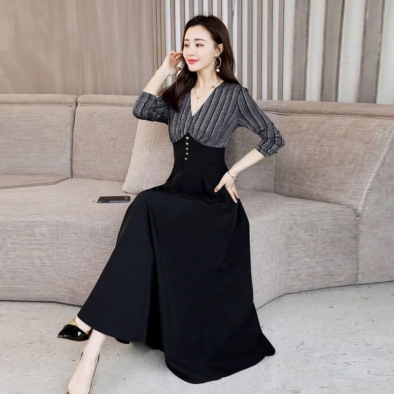 Winter Female New Korean Add velvet Long Dress Fake Two Pieces A-line Dress Women with Waist Closure and Belly Covering Style