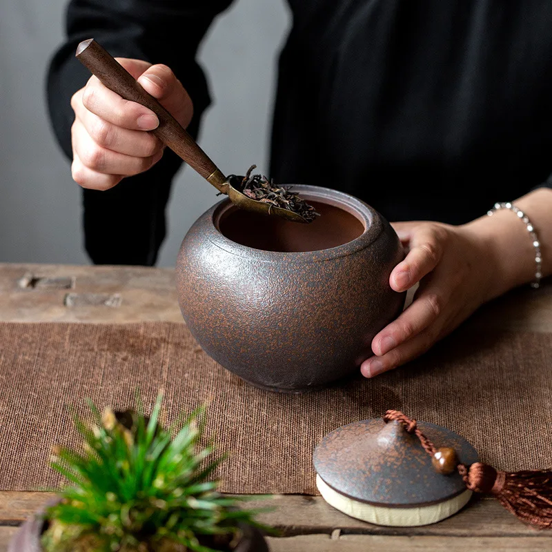 

Банка для чая с грубой керамикой, резервуар для хранения процесса горения с каменным мхом, круглые элегантные общие банки Zen Intent, влагостойкие герметичные банки