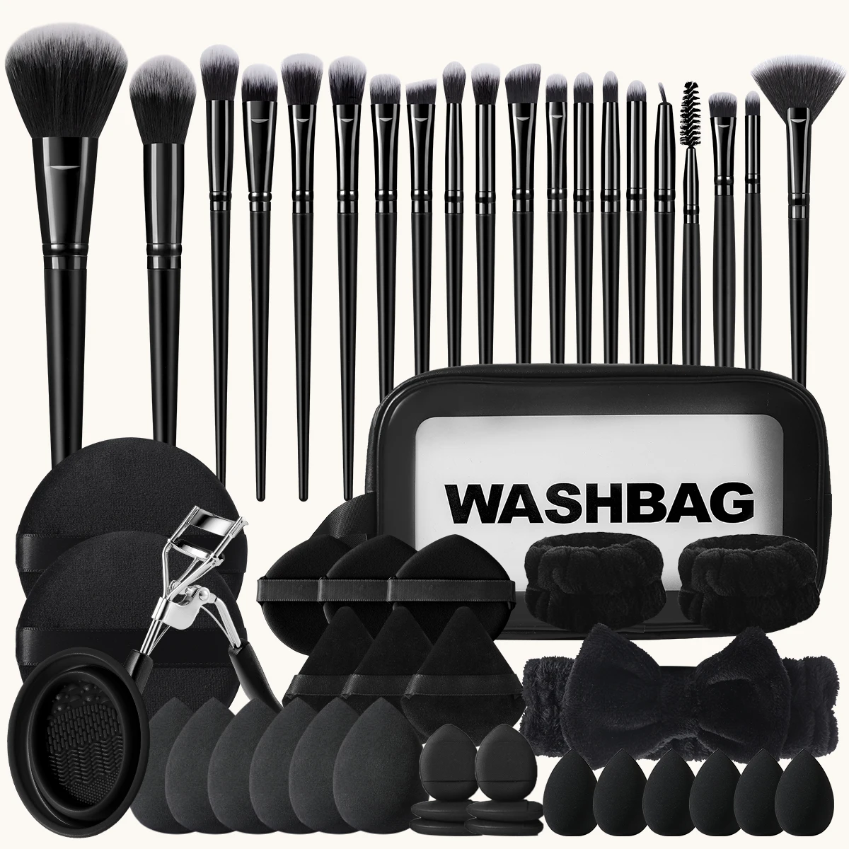 52PCS All-in-One Makeup Tools Set, 20PCS Makeup Brushes, Waterproof Zipper Cosmetic Bag, Makeup Sponges, Mini Sponges, Triangle & Air Cushion Powder Puffs, Wrist Bands, Hairband, Eyelash Curler & Brush Cleaner