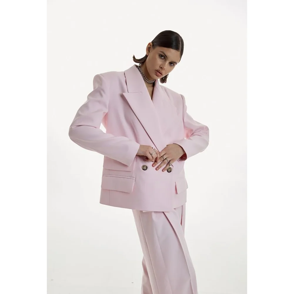 Chic Loose Pink Double Breasted Women Pants Set High-end Female Two Pieces(Jacket+Trousers)أطقم بناطيل