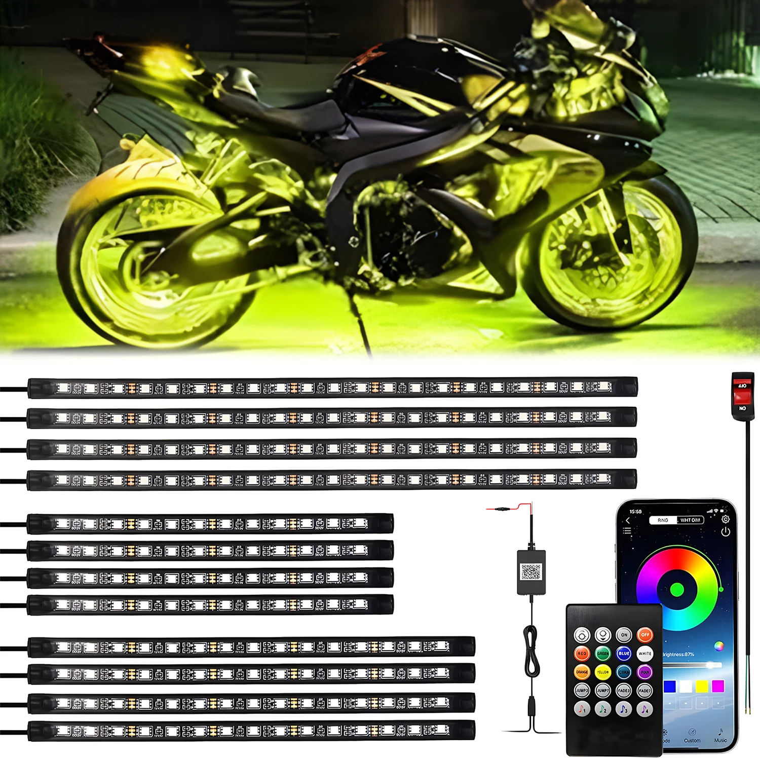 Rgb Underglow Strip - 8/12in1 Motorcycle LED Underglow Atmosphere Light