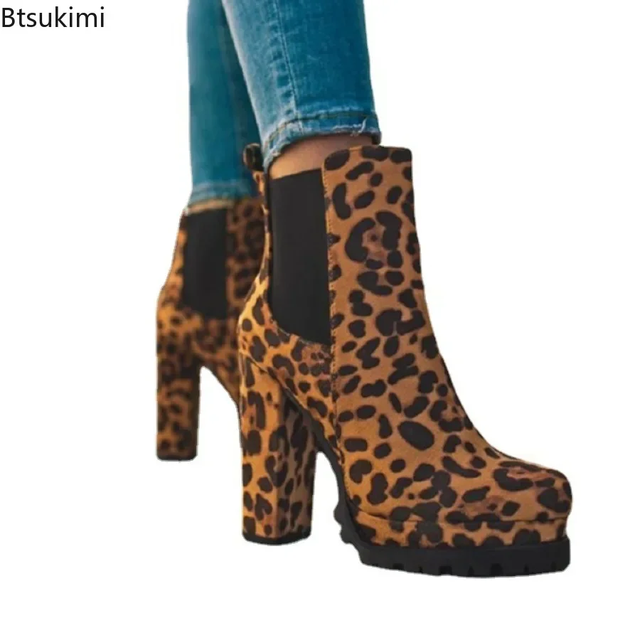 Botas cortas con estampado de leopardo para mujer, grueso con punta redonda Botines de tacón, otoño e invierno, 2024