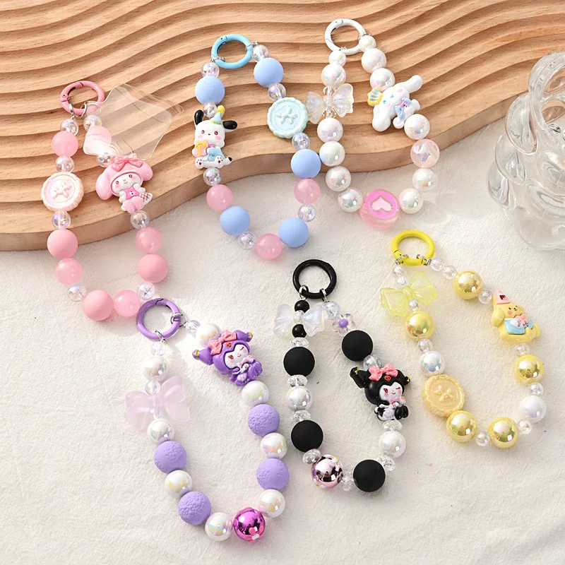 

Cute Sanrio Hand Painted Key Chain Kawaii Kuromi Cinnamoroll Pochacco Cartoon Beaded Pendant Cell Phone Chain Girls' Accessories