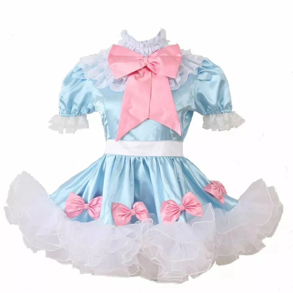 

Sexy sissy French maid blue satin short sleeved lockable lace ruffled dress maid cosplay costume customizable