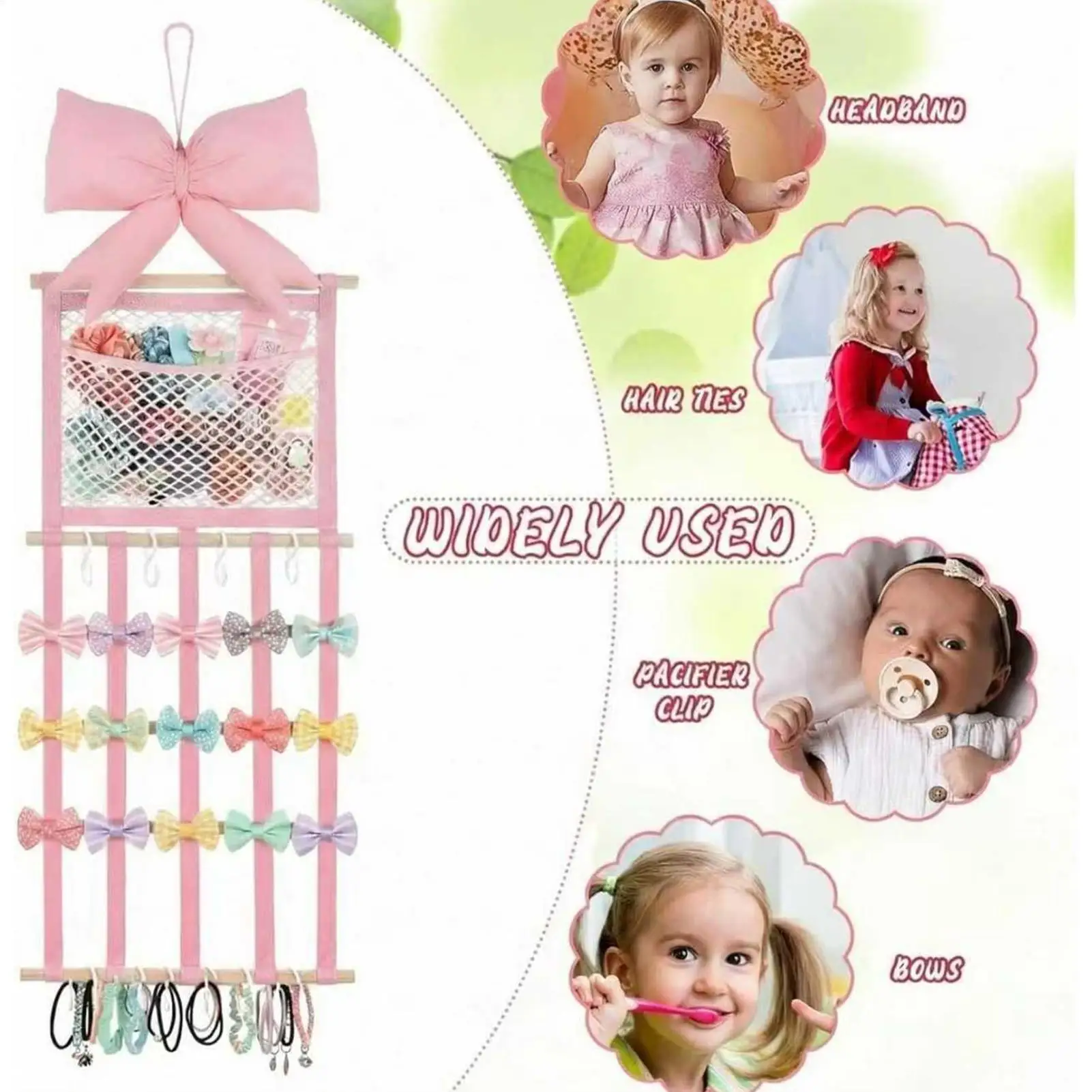 

Органайзер для заколок с розовым бантом, сетчатая сумка, настенный органайзер для аксессуаров для волос, декор для комнаты, для женщин, девочек-подростков, для двери, шкафа, спальни