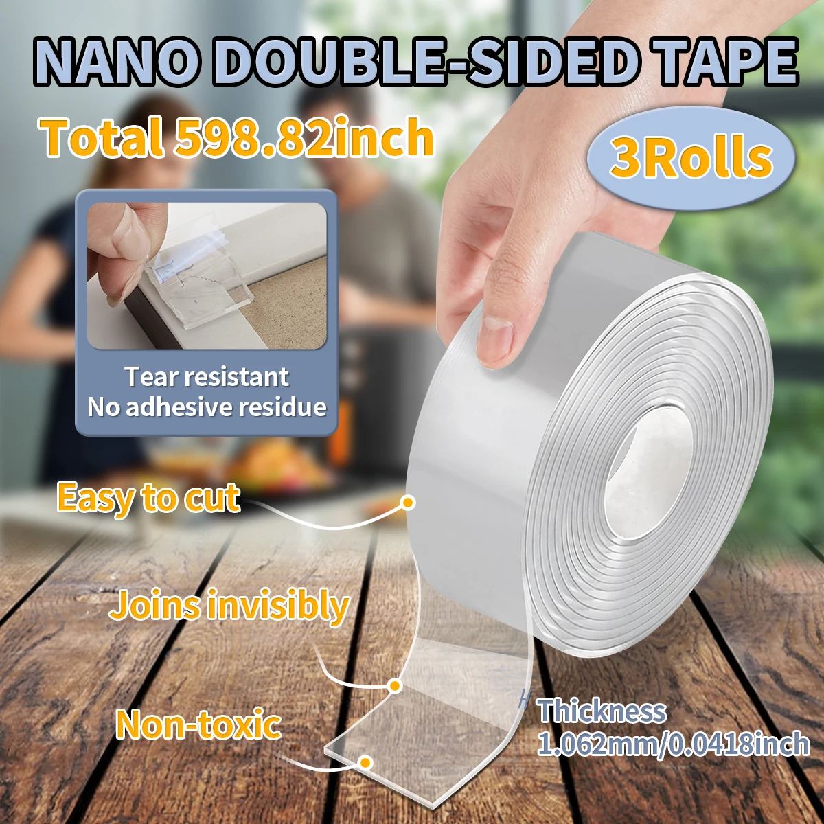 3 Rollen 15 m stark klebendes, doppelseitiges Nano-Klebeband, starkes, transparentes, nahtloses, wasserdichtes, wiederverwendbares Klebeband für den Auto- und Haushaltsbereich