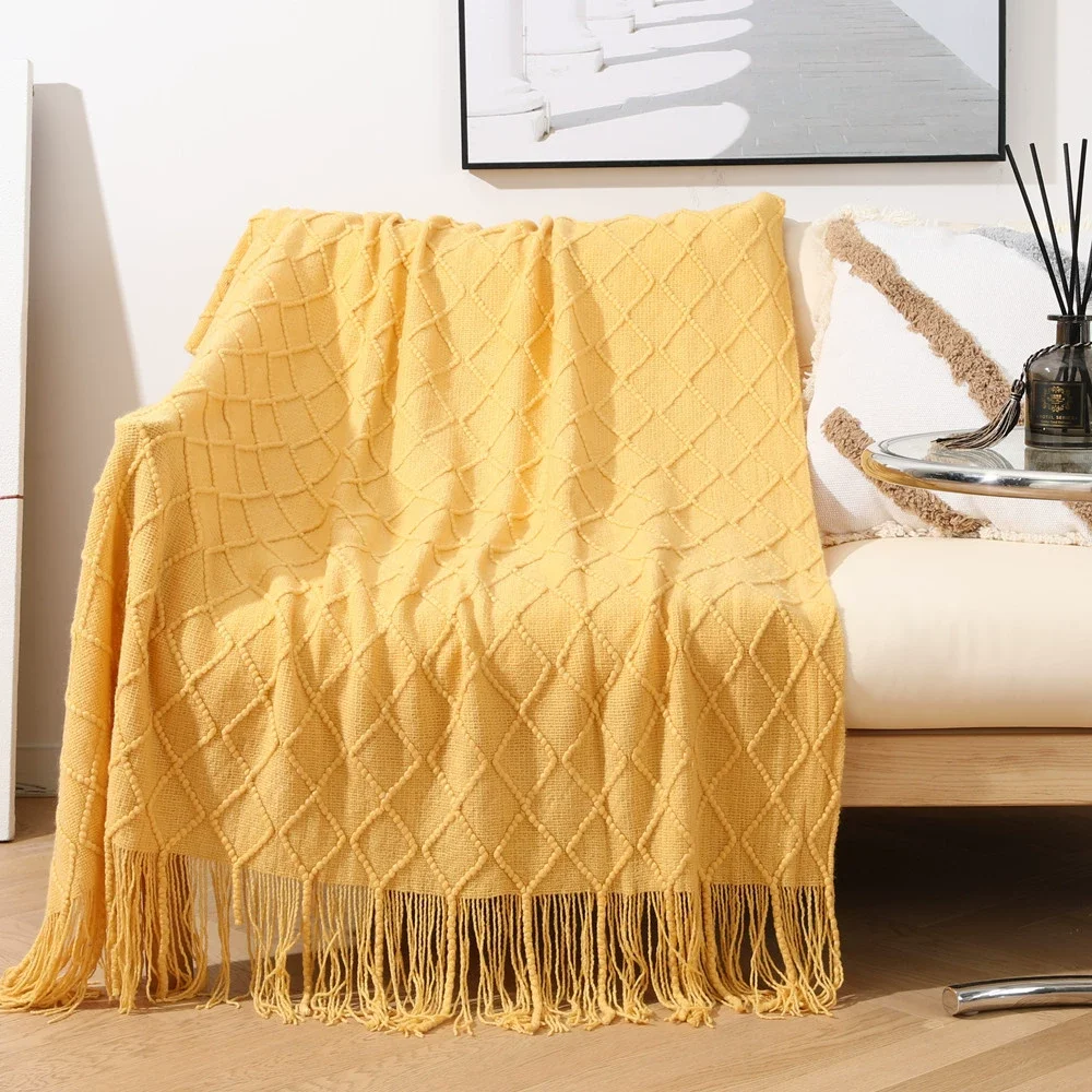 

1pc Soft Warm Throw Blanket Yellow Nordic Knitted Blanket, Nap Blanket For Couch Sofa Office Bed Camping Travelling