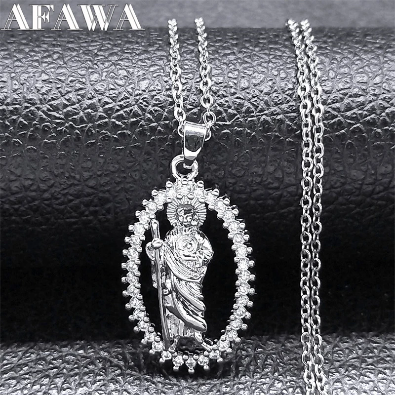 San Judas Tadeo Zircon Copper Pendant Necklace for Women Stainless Steel Silver Color Chain Christian Protection Jewelry NXHS02