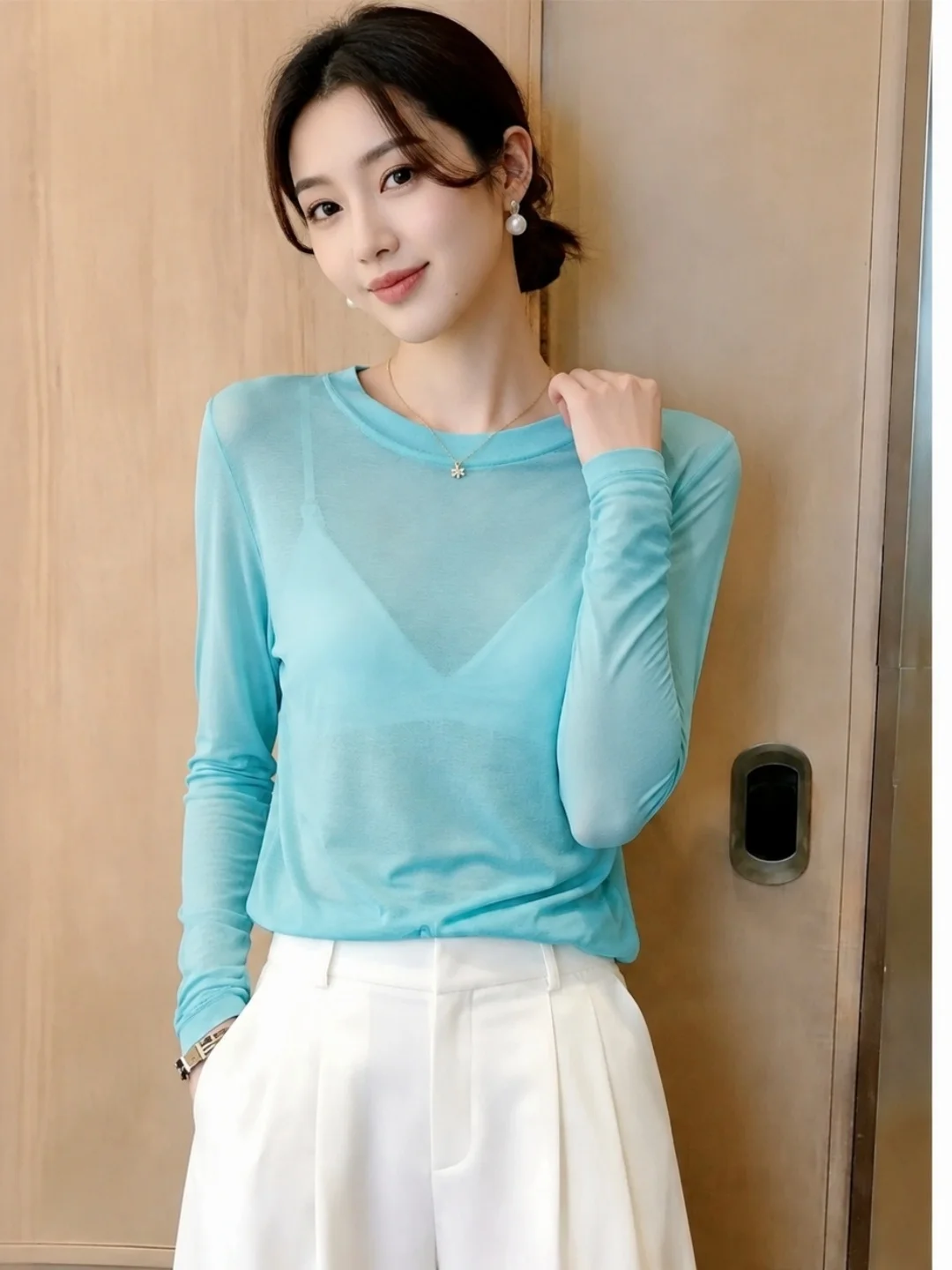 Fashionable Slim Fit Long Sleeve round Neck Pure Color Versatile T-Shirt Korean Style Commute Straight Cut 2026 Autumn New De...