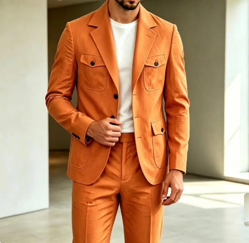 Orange Safari Men Suits 2 Piece Jacket Pants Set Notched Lapel Multi‑Pocket Casual Blazer For Wedding Party Business Daily Wear