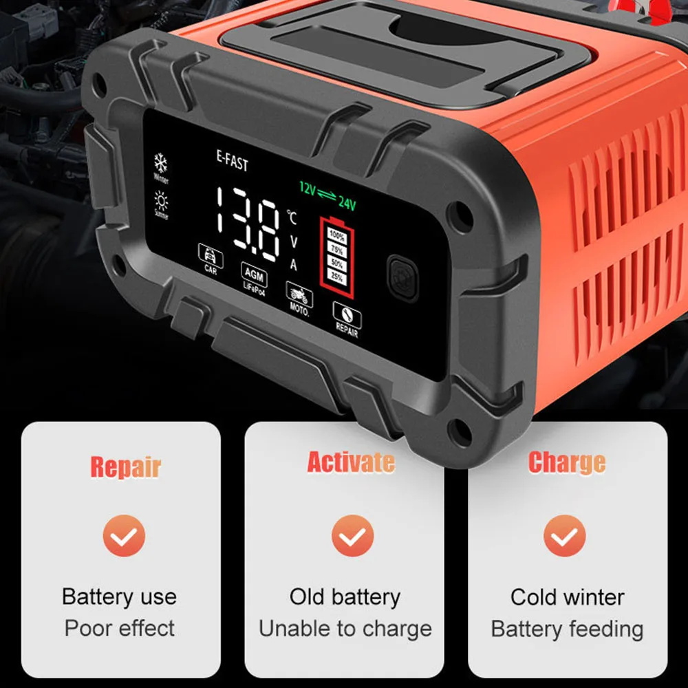 10A High Power LED Display Motorcycle SUV Truck Smart Car Battery Charger Pulse Repair Battery Charging 12V 24V Multifunctional