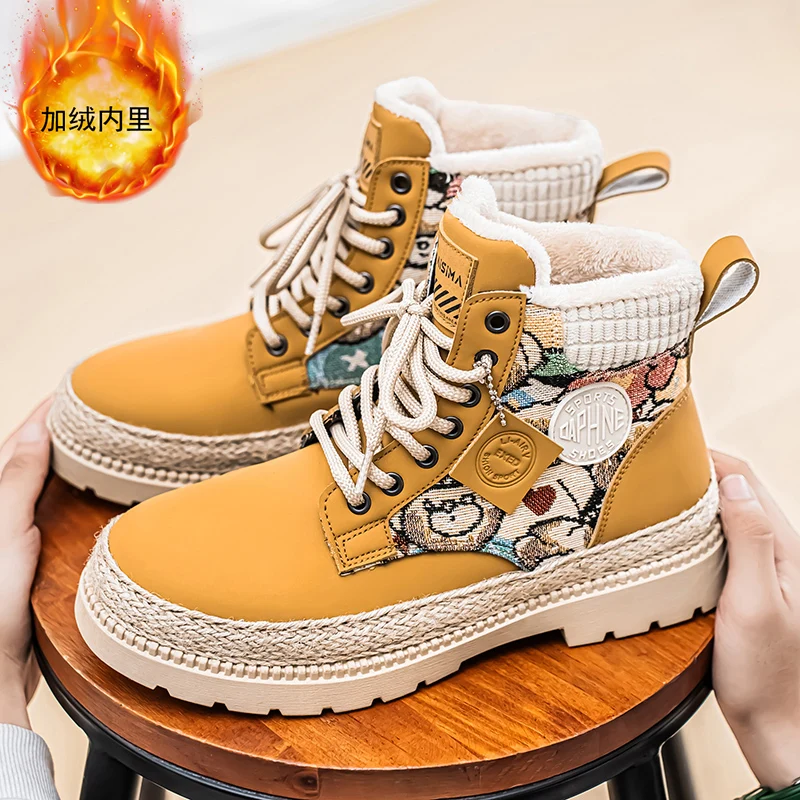 

2025 г. Мужские большие желтые ботинки для улицы, водоотталкивающее покрытие, средние - верхние рабочие ботинки в британском стиле в стиле ретро, зимние зимние хлопковые ботинки Fas