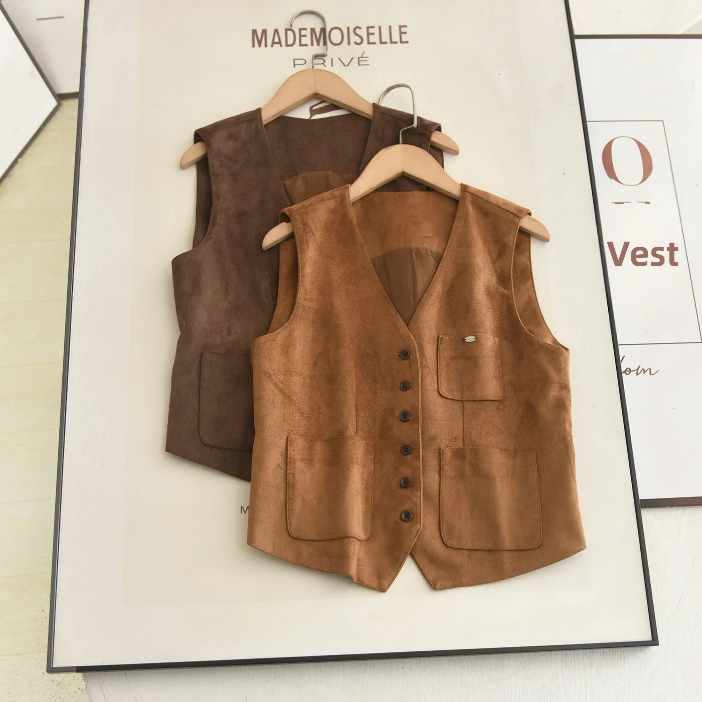 

Rang 2025 Autumn Winter Vintage V-ne Slimming Versatile Suede Vest Top Faionable Outerwear for Women