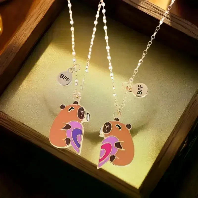 2Pcs Cute Cartoon Capybara Heart Puzzle Pendant Magnetic Best Friend Necklace For Besties Friendship Jewelry Gifts