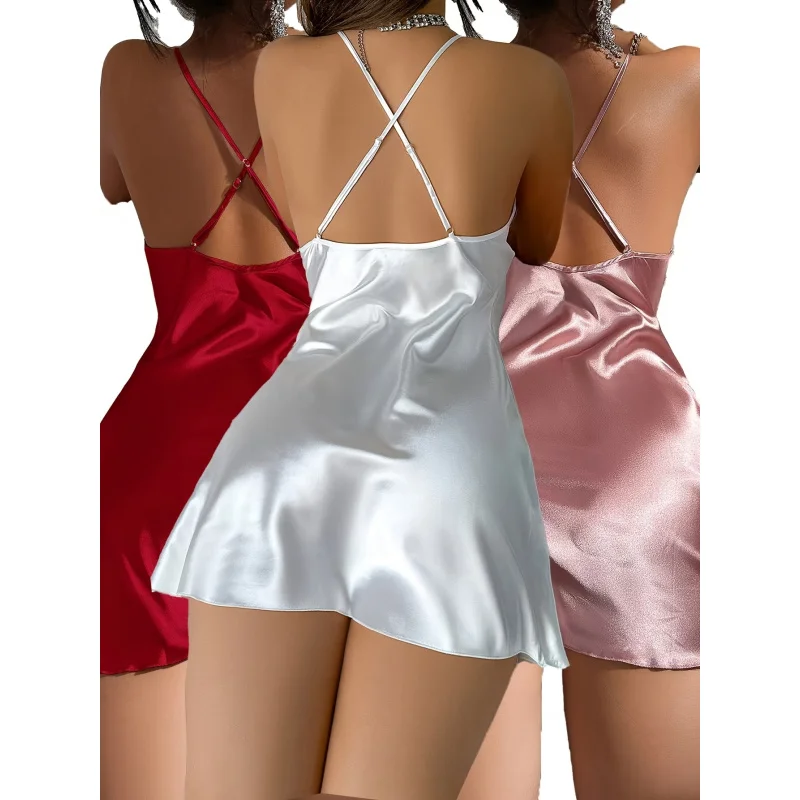 

3pcs Set Four-Season Sexy Satin Round Neck Solid Color Cross Strap Camisole Nightgown Sleepwear for Women