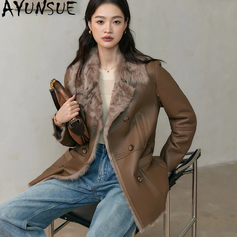 سترة من الجلد الطبيعي للنساء من AYUNSUE معطف فرو من جلد الغنم الطبيعي معاطف من صوف الضأن معاطف من الفرو الحقيقي ملابس شتوية دافئة للسيدات