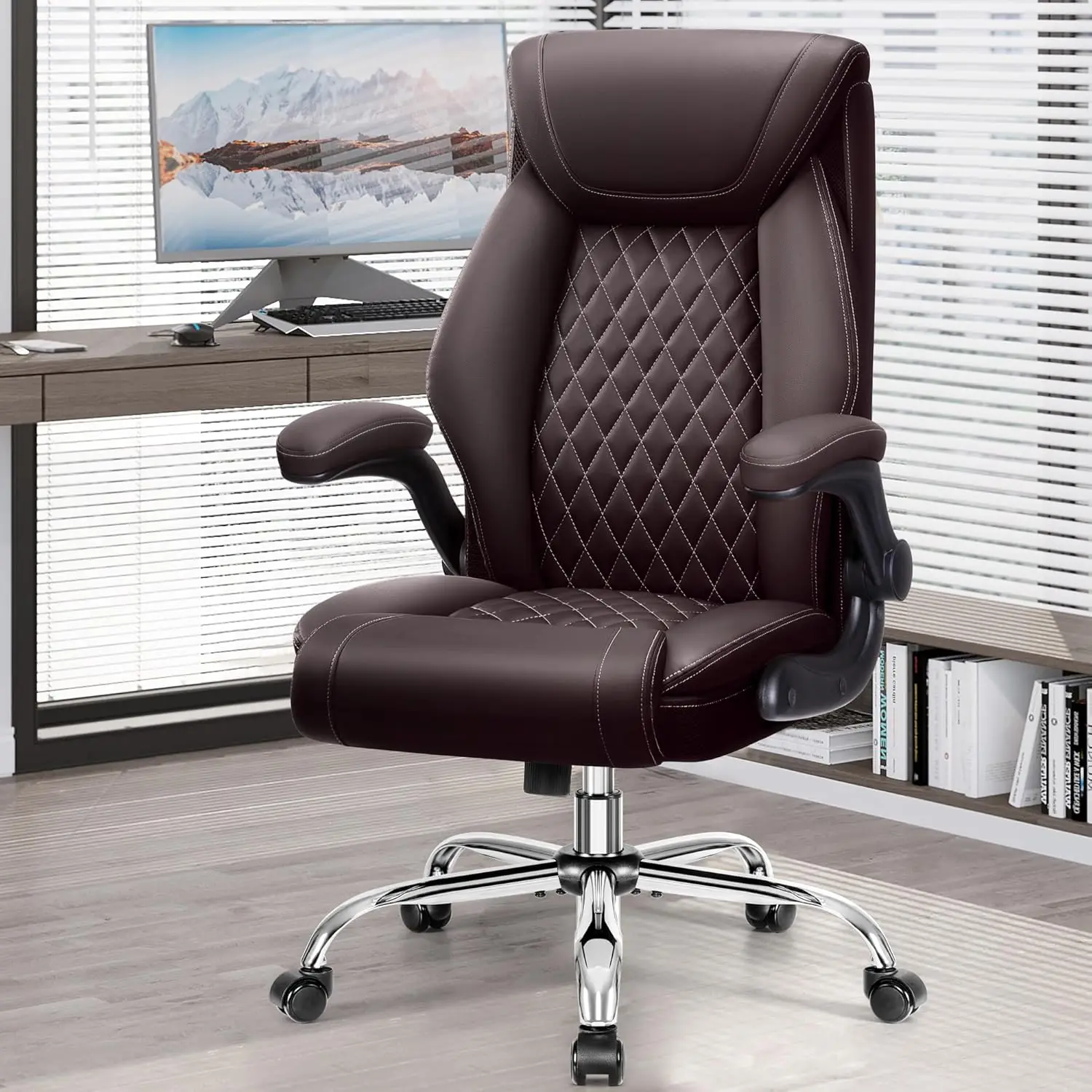 

Big and Tall Breathable Leather Office Chair with Lumbar Support Flip-Up Armrests, Computer Chair with Rocking Function