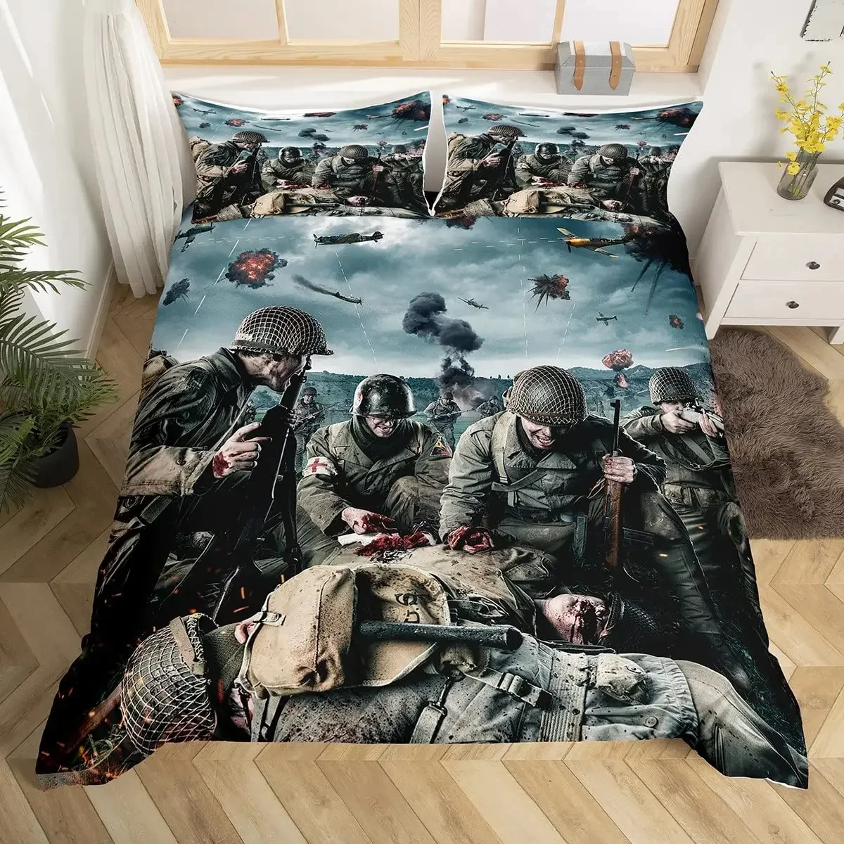 Soldier Duvet Cover Set Army Rifle Machine Gun Bedding Set for Boys Under Mission Army Bedclothes Military Polyester Quilt Cover