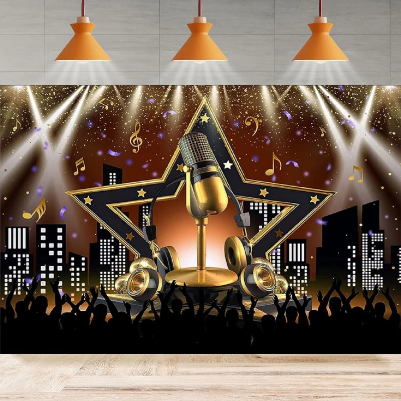 Karaoke Party Photography Backdrop Star Vacation Party Decor Poster Night Show Microphone Karaoke Theme Photo Booth Background