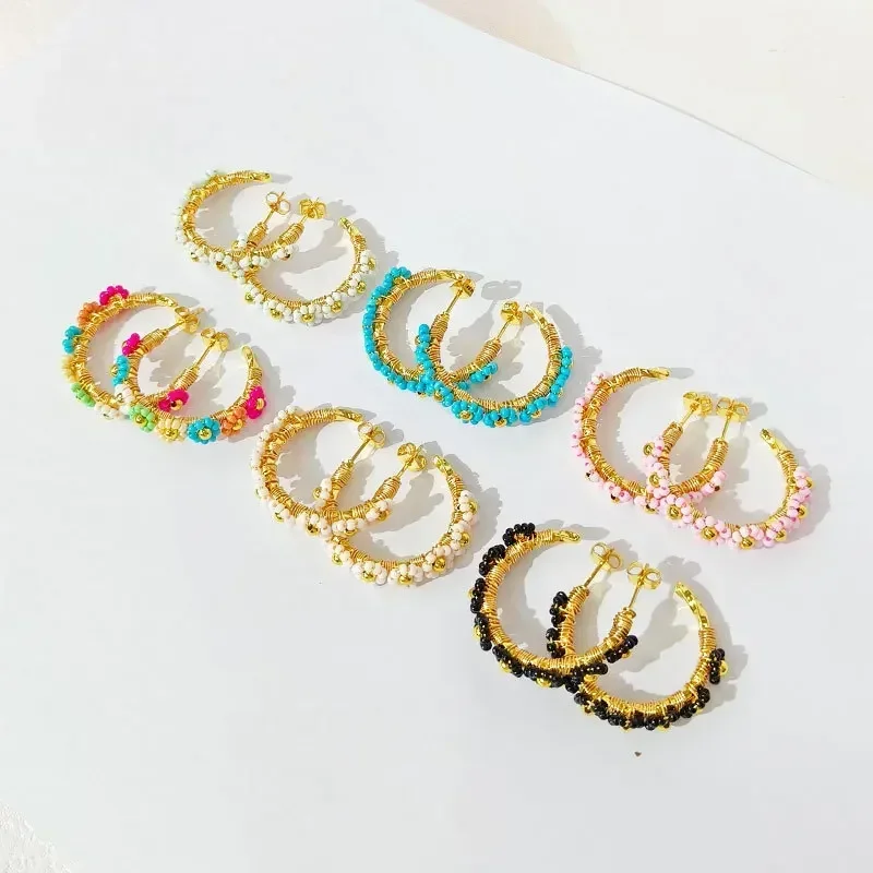 Beaded earrings C-shape Flowers Originality Bohemia Alloy Hand knitting Design Tide Simple Female Rice bead earrings