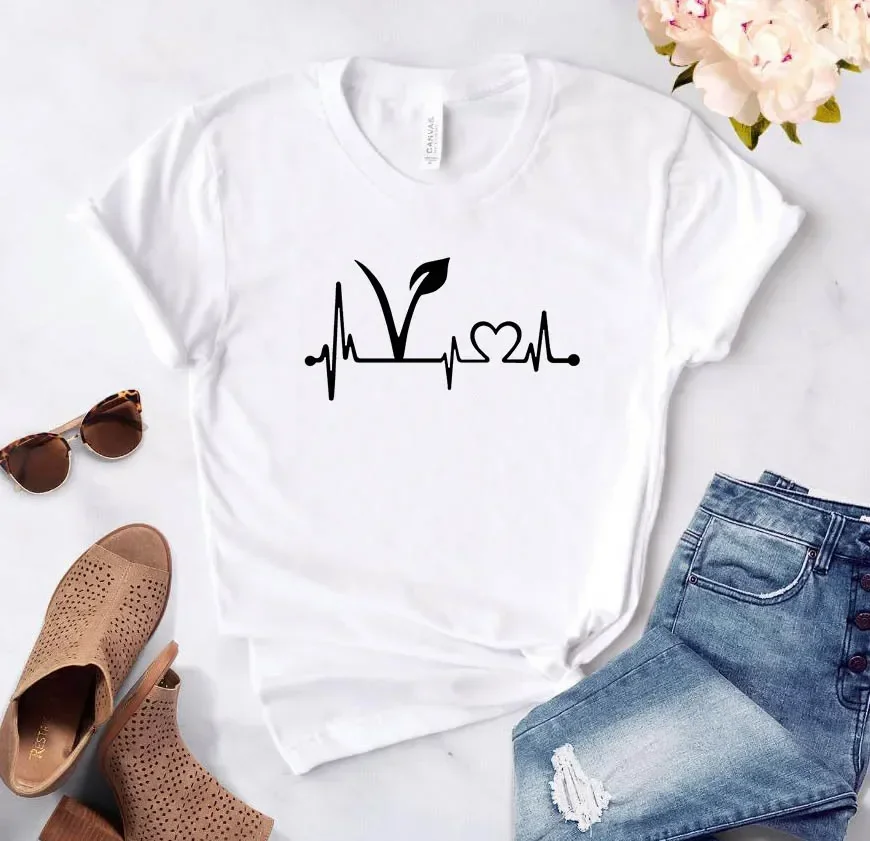 Vegetarian vegan Heartbeat Lifeline Women Tshirt Funny t Shirt For Lady Girl Top Tee Hipster vintage clothes women t shirt 2024