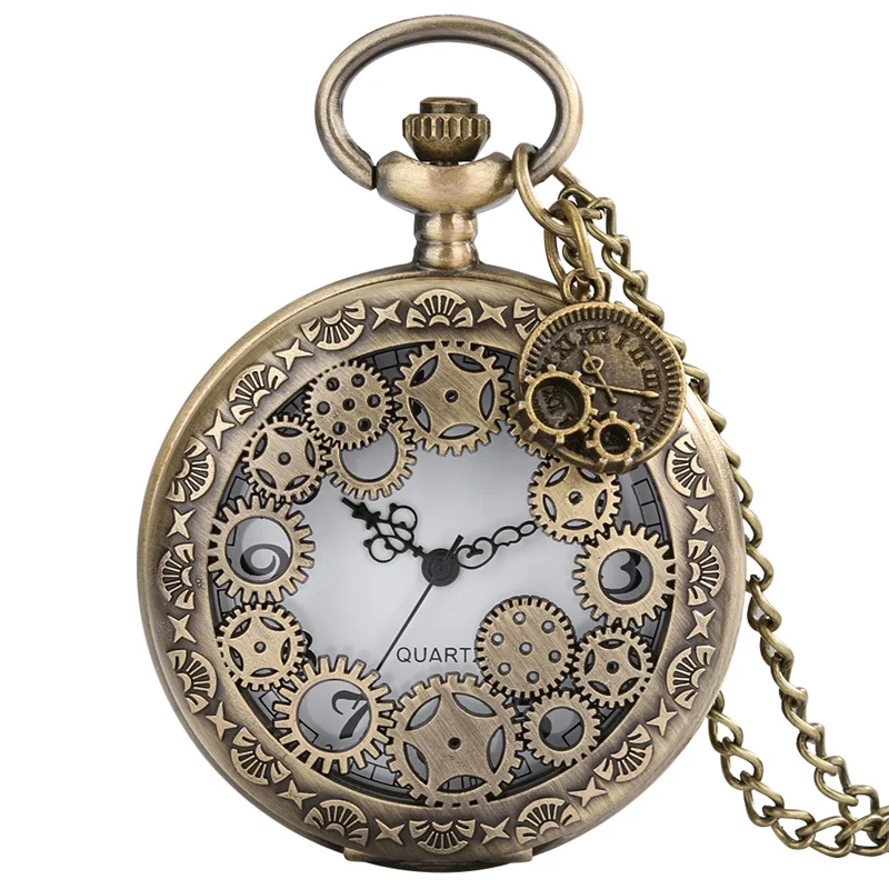 

Vintage Bronze Hollow Gear Steampunk Men Women Analog Quartz Movement Pocket Watch with Mini Watch Charm Necklace Chain Gift