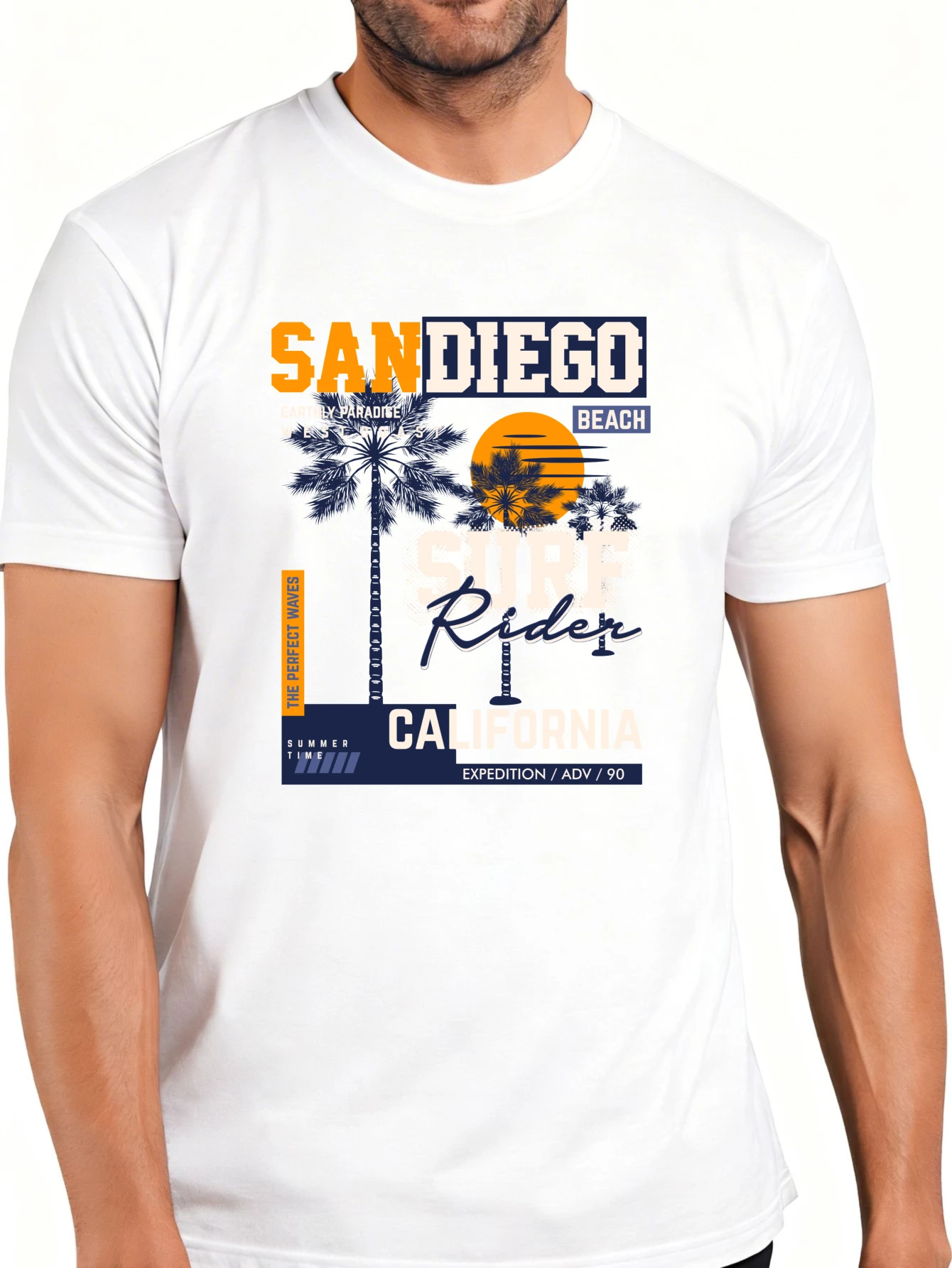 Casual Summer Style Men's T-Shirt, Featuring a San Diego, California Beach Rider and Palm Tree Sunset Graphic Design, Perfect for Vacation Trips and Outdoor Activities, Is the Perfect Gift for Him.