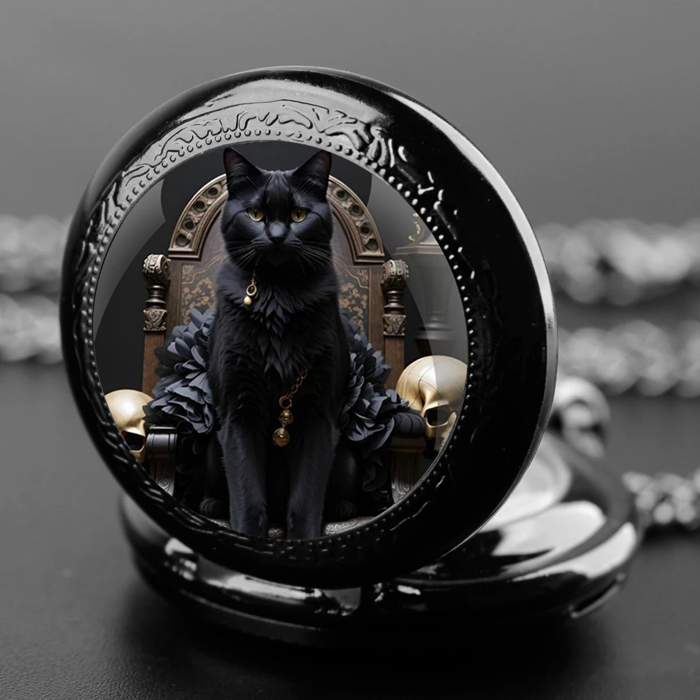 Delicate Gifts Quartz Pocket Watch Cat King Design Glass Dome Necklace Pendant Clock for Mens Womens