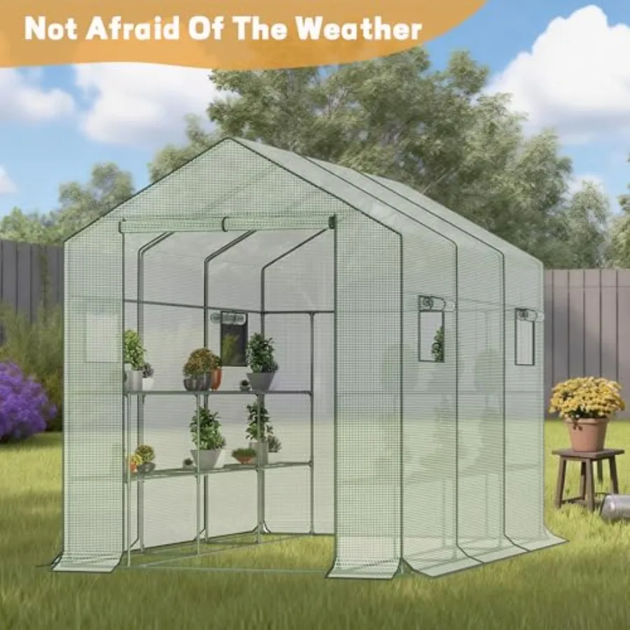 Outdoor 9.75 ft walk-in greenhouse with screen windows and roll-up zipper door, green plastic, heavy-duty portable design, 3-ti